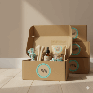PAW Classique Box ouverte avec quatre produits pour chien — jouet, soin, friandise et mastication — dans une boîte en carton au design minimaliste beige et turquoise.