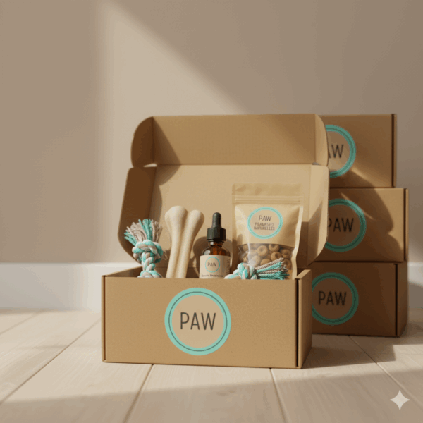 PAW Classique Box ouverte avec quatre produits pour chien — jouet, soin, friandise et mastication — dans une boîte en carton au design minimaliste beige et turquoise.