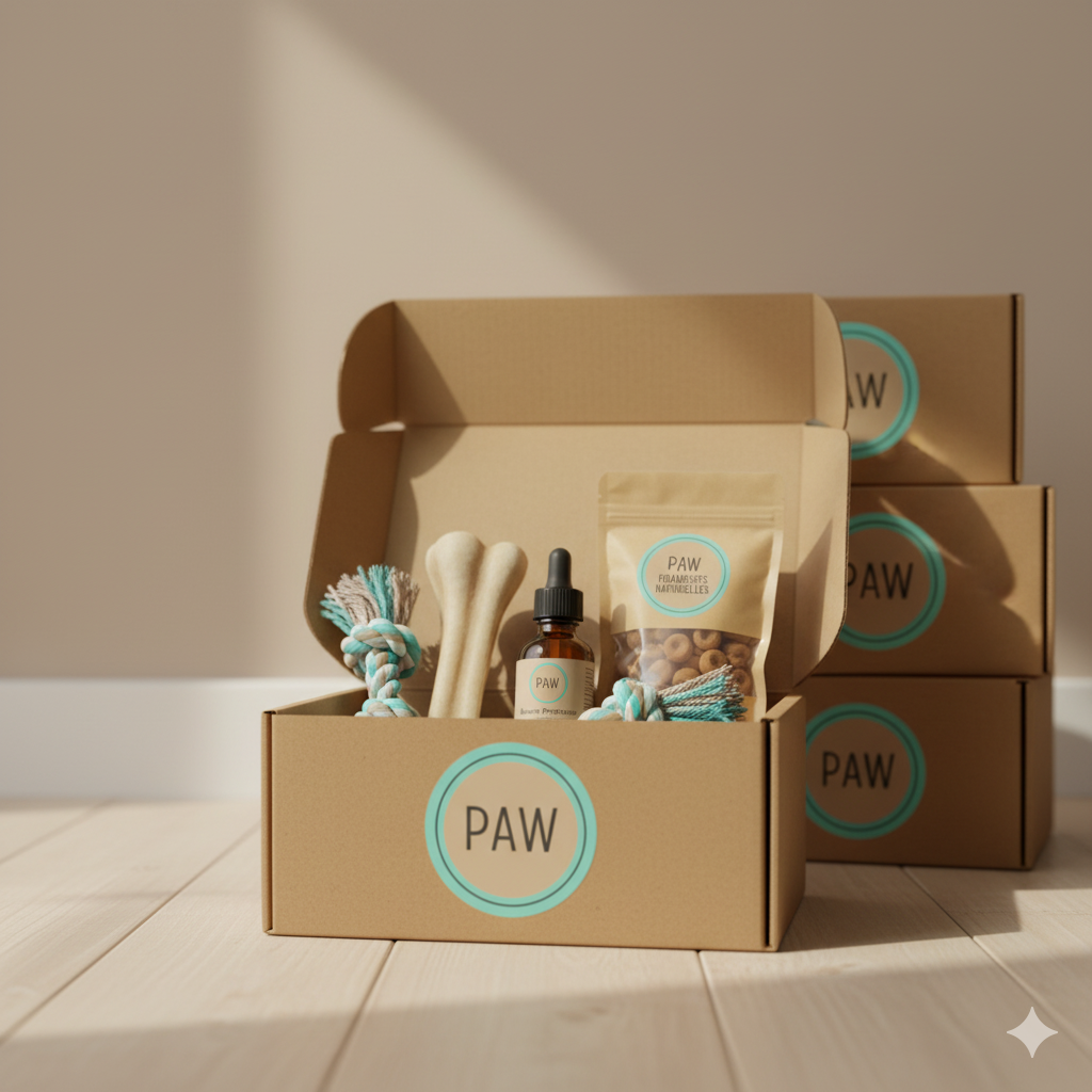 PAW Classique Box ouverte avec quatre produits pour chien — jouet, soin, friandise et mastication — dans une boîte en carton au design minimaliste beige et turquoise.
