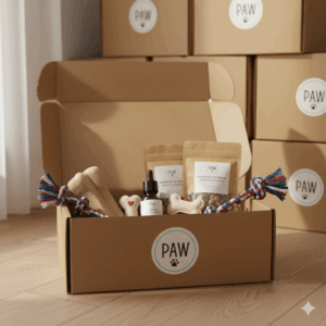 PAW Starter Box ouverte avec cinq produits naturels pour chien — friandise, jouet, soin, mastication et surprise — dans une boîte en carton éco-responsable.