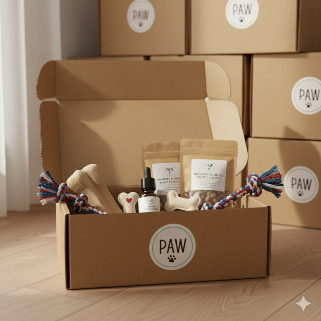 PAW Starter Box ouverte avec cinq produits naturels pour chien — friandise, jouet, soin, mastication et surprise — dans une boîte en carton éco-responsable.